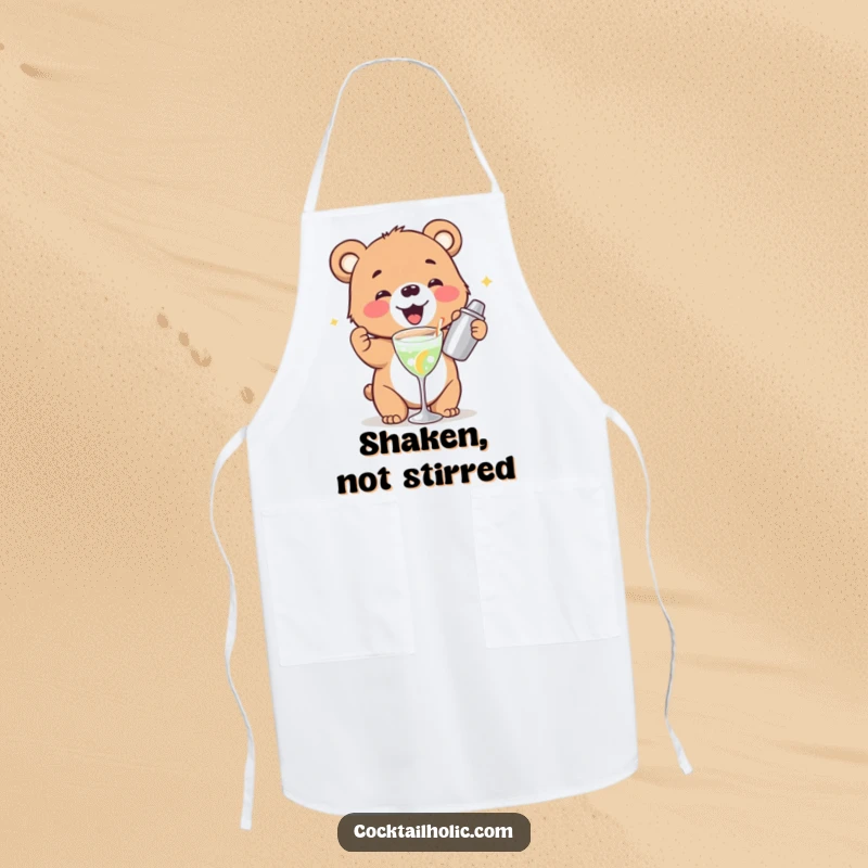 Funny bear cub apron gleefully shaking a cocktail shaker, a humorous and practical kitchen accessory.