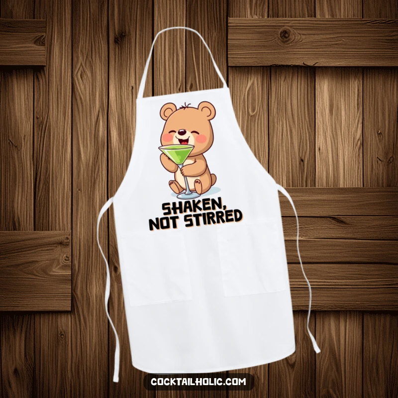Funny bear martini apron showing a bear character happily sipping a small martini, perfect for kitchen fun and protecting clothes.