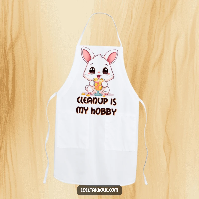 Funny apron featuring a fluffy bunny gleefully spilling a cocktail while cooking, a humorous kitchen accessory.