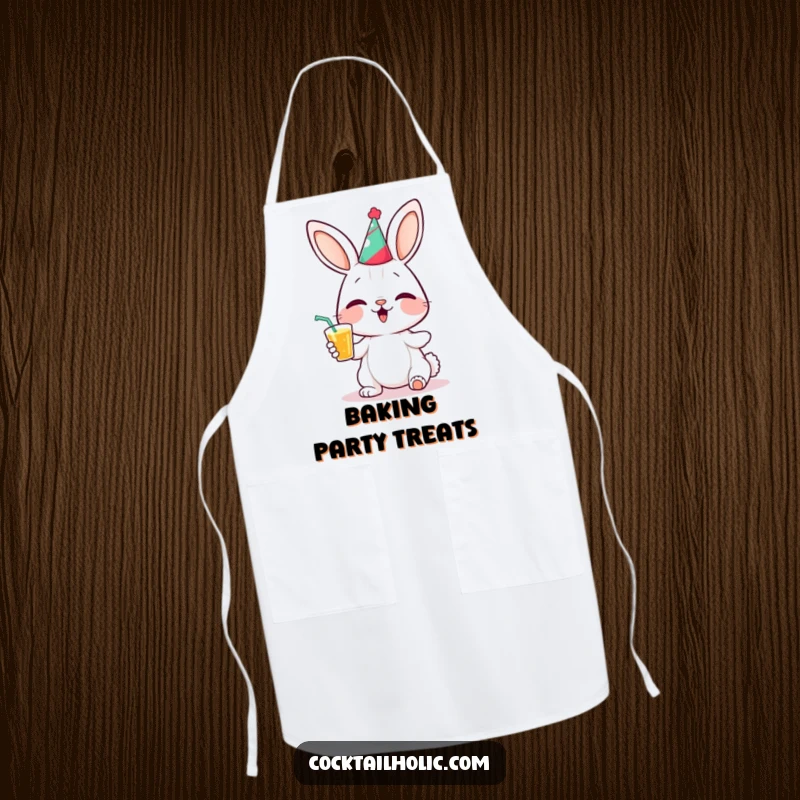 Funny bunny party apron showing a giggling bunny character wearing a small party hat and holding a drink, perfect for kitchen fun.
