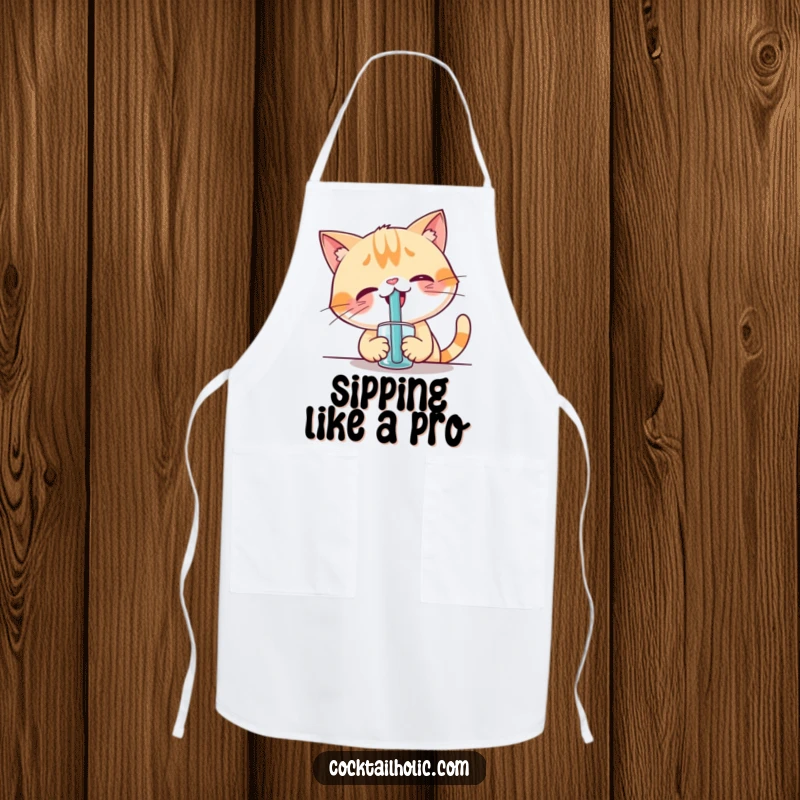 Funny apron with a giggling cat character attempting to sip through a comically large straw, ideal for humorous cooking.