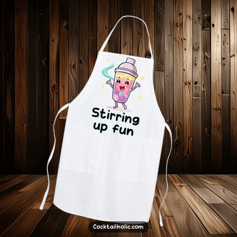 Funny playful cocktail shaker with a smiling face, dancing with swirling liquid on a functional and funny apron.
