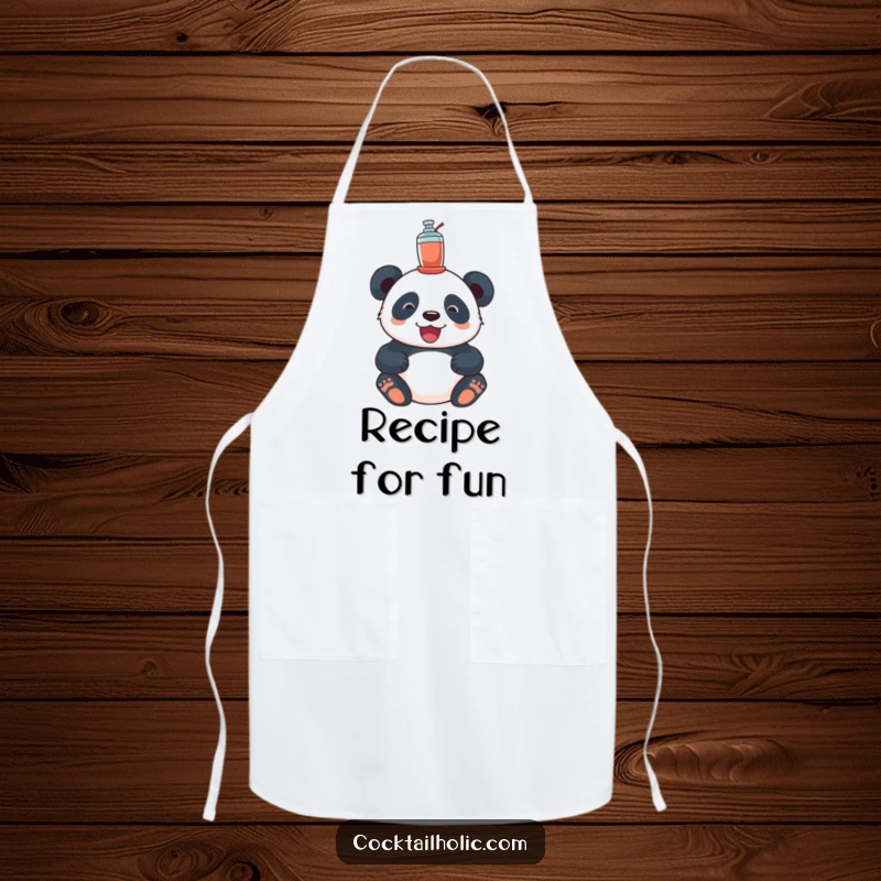 Funny panda apron, featuring a delighted panda balancing a cocktail shaker on its head, for cheerful cooking.