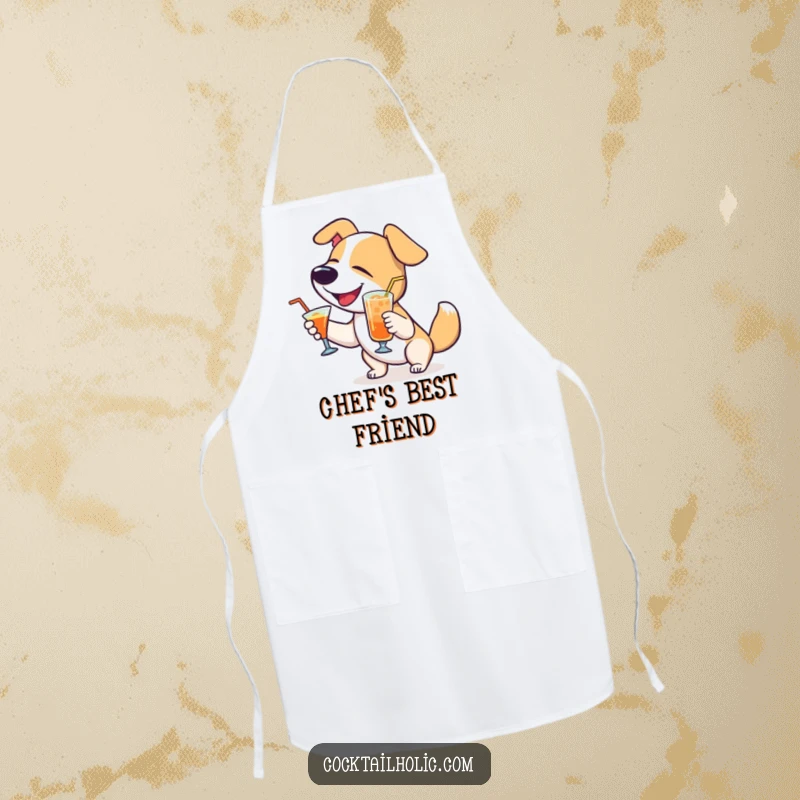 Funny Dog Apron: Delighted dog wagging tail with a cocktail, a humorous and practical apron for kitchen fun.