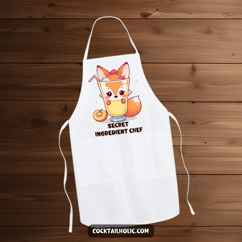 Funny fox apron showcasing a shy character peeking behind a giant cocktail, adding intrigue to kitchen tasks.