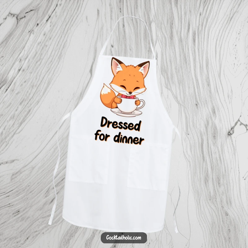 Funny apron featuring a playful fox wearing a bow tie and sipping tea, a humorous kitchen accessory.