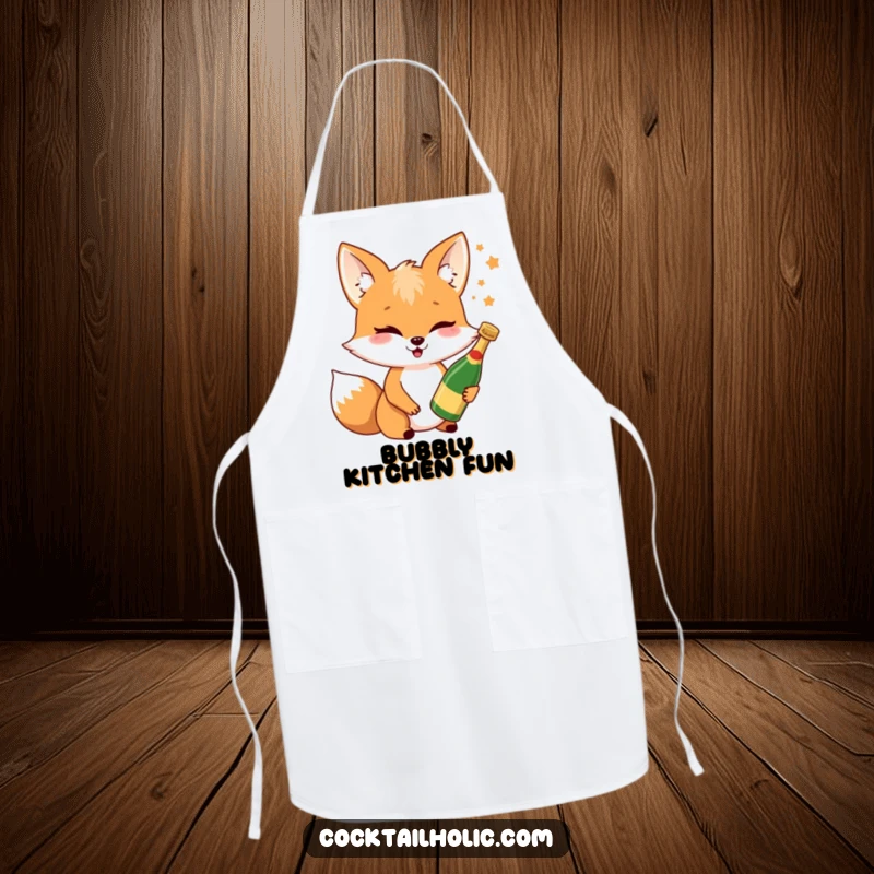 Funny fox Champagne apron showing a cheerful fox winking while holding a miniature bottle, perfect for parties and kitchen fun.