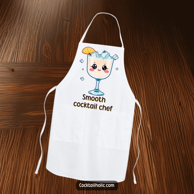Funny apron showing a kawaii cocktail glass with cheerful eyes, juggling small ice cubes, humorous and practical party attire.