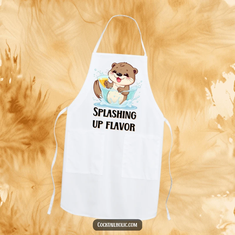 Funny otter apron showcasing a playful character splashing in a bubbly cocktail, adding bubbly humor to kitchen tasks.