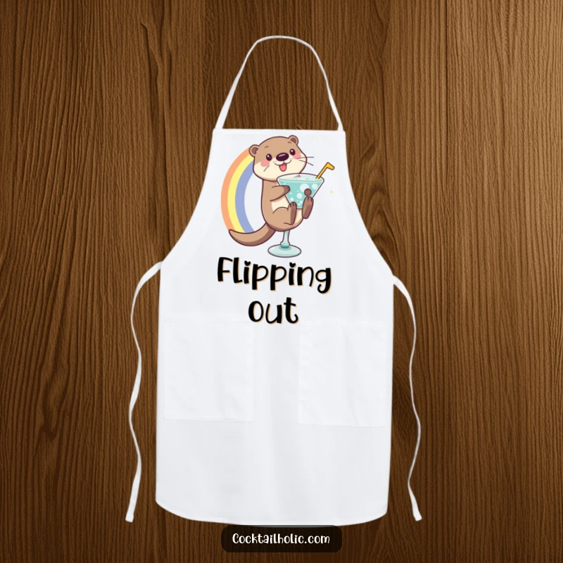 Playful otter character sliding down a rainbow into a bubbly cocktail glass, printed on a functional kitchen apron.