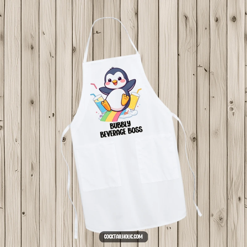 Funny kitchen apron with a cheerful penguin sliding down a rainbow of bubbly drinks, perfect for humorous cooking sessions.