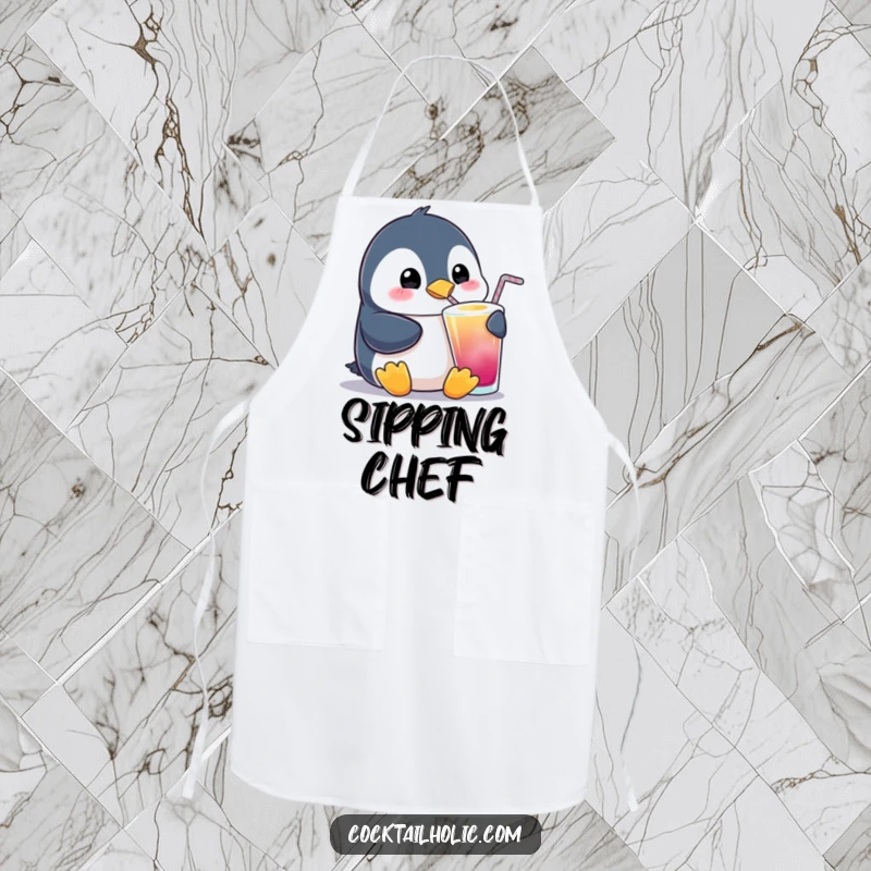Funny Penguin Sipping Apron: A cute penguin happily sipping a colorful drink, perfect for the kitchen while adding a humorous and charming touch.