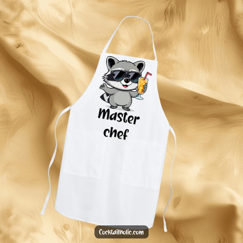 Funny raccoon wearing sunglasses, holding a cocktail with a smirk, on a kitchen apron, ready to cook.