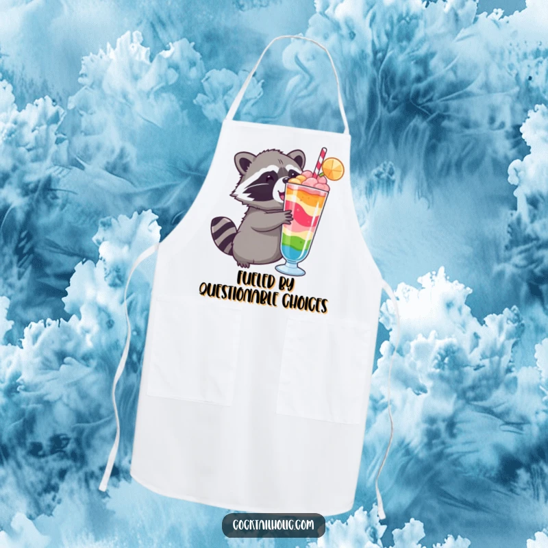 Funny raccoon apron, illustration of a determined raccoon reaching towards a delicious looking layered drink, ready to cook.