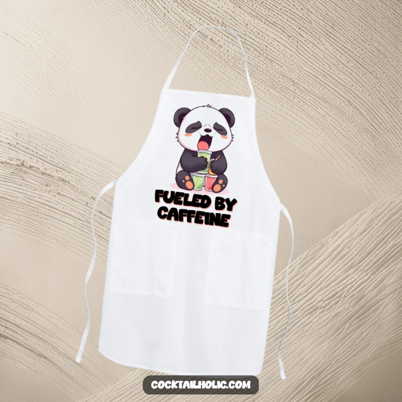 Funny Sleepy Panda Apron: A yawning panda balances mini drinks, bringing humorous relatability and practicality to kitchen wear.
