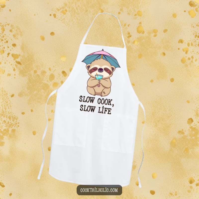 Funny sloth apron showcasing a relaxed character with a cocktail umbrella, adding humor to kitchen tasks as a funny gift.