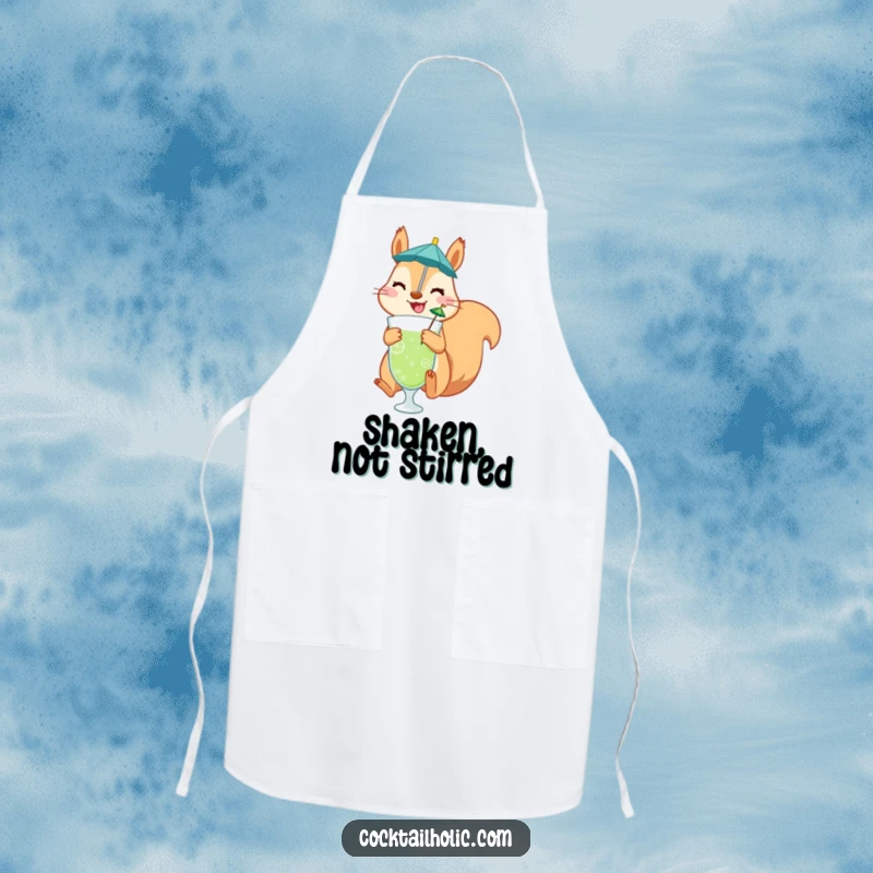 Funny apron showcasing a cheerful squirrel jumping holding a drink with a tiny umbrella, ideal for a fun kitchen experience.