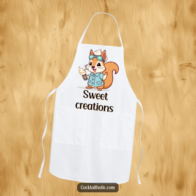 Funny squirrel dressed as a mixologist, spraying whipped cream from a can, on a kitchen apron.