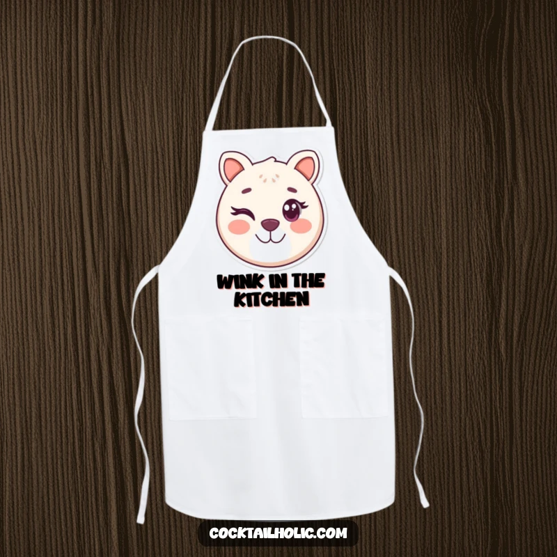 Funny apron featuring a round, smiling animal face character winking playfully, perfect for humorous kitchen tasks.