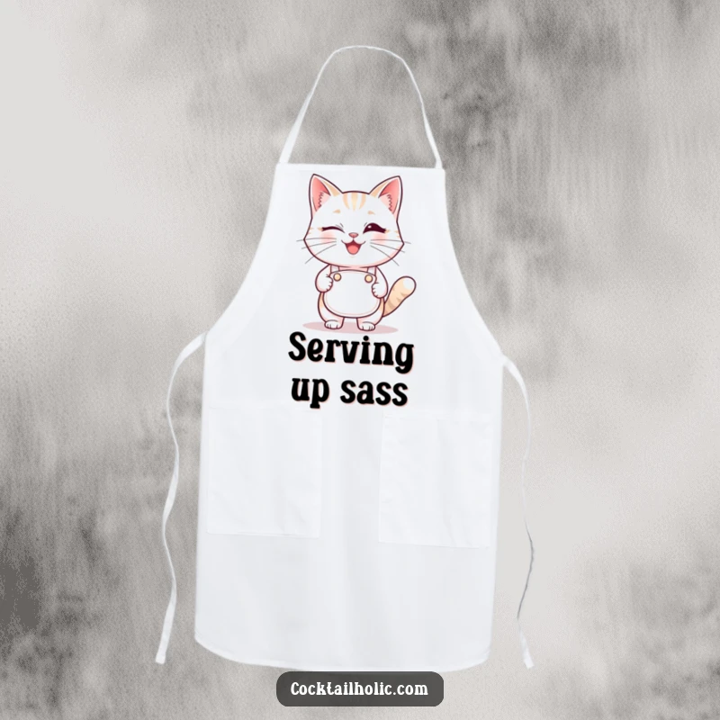 Funny winking cat bartender apron, a humorous and practical kitchen garment for chefs and home cooks.