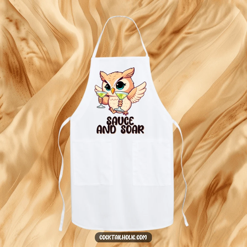 Funny apron featuring a winking owl character holding a martini glass while soaring, a humorous kitchen accessory.