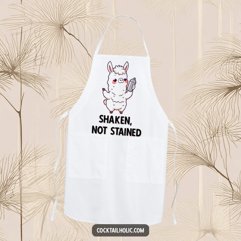 Funny Wobbly Llama Apron: A playful llama character humorously shaking a cocktail shaker, ideal for cooking or bartending with a funny, festive flair.