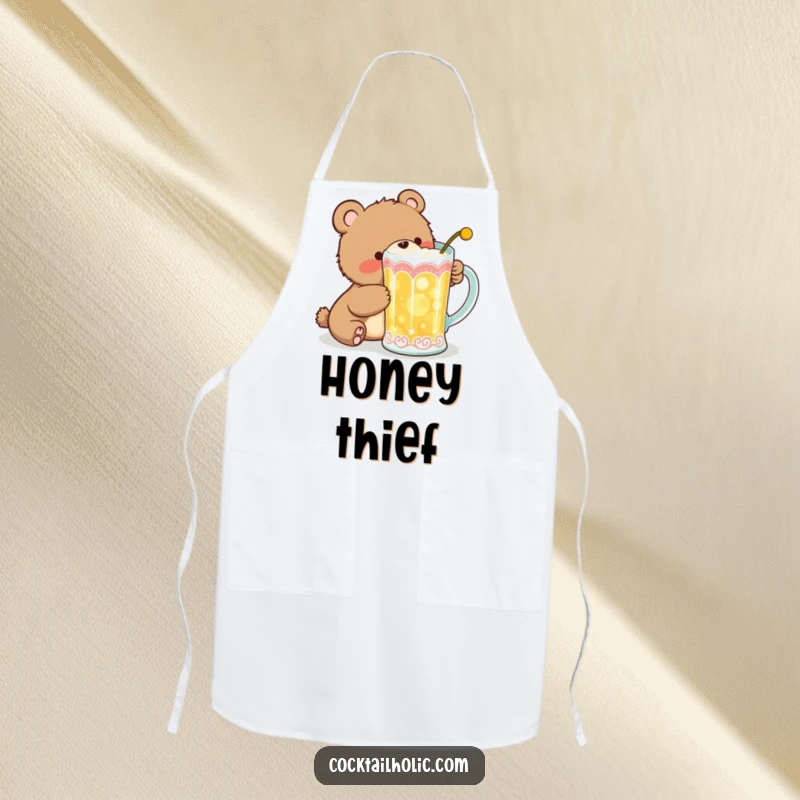 Funny Apron featuring a giggling bear cub attempting to sneak a sip from a large, decorative cocktail mug, perfect for kitchen fun.