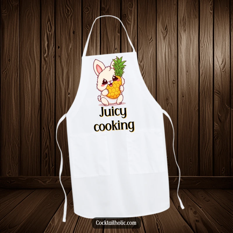 Funny Apron featuring a fluffy bunny with big excited eyes, holding a twirling pineapple, making kitchen tasks more cheerful.