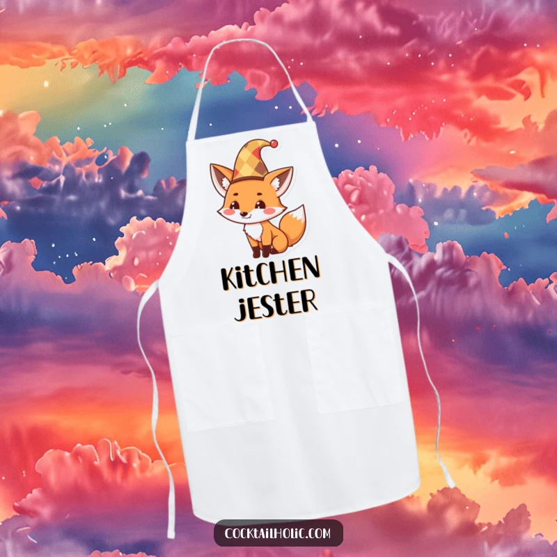 Funny Apron featuring a cute fox in a jester hat, tipping it with a mischievous grin, making kitchen tasks more amusing.