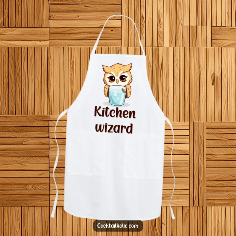 Funny Owl Apron: Curious owl looking intently at a bubbling drink, a humorous and functional apron for the kitchen.