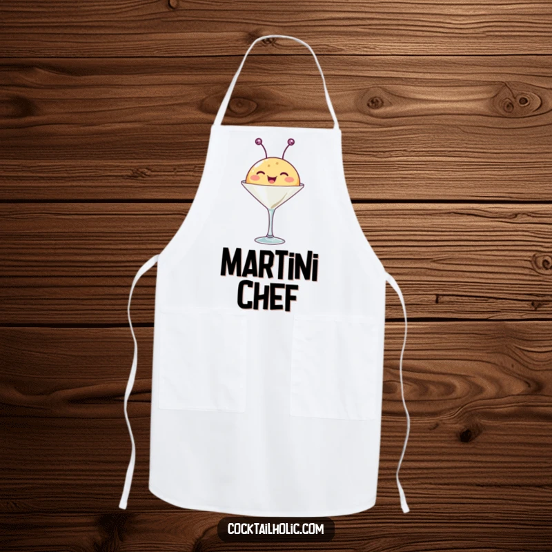 Funny apron featuring a happy, round creature with antennae wiggling from a martini glass, ideal for festive cooking.