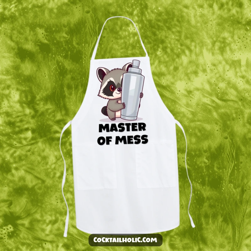 Funny apron showcasing a mischievous raccoon peeking from a giant cocktail shaker, perfect for a fun cooking experience.