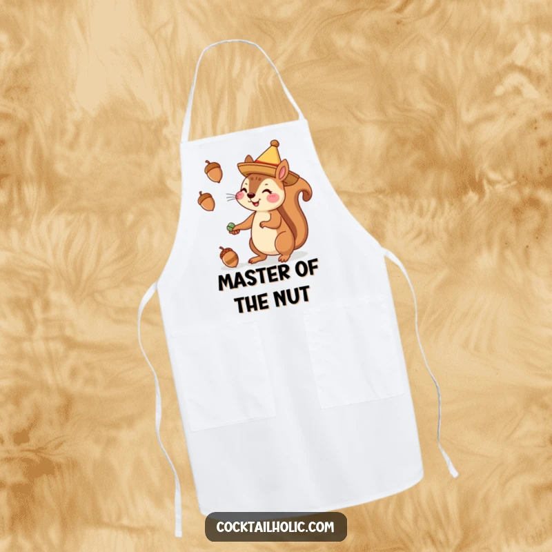 Funny apron featuring a cheerful squirrel in a sombrero juggling acorns, a humorous kitchen accessory.