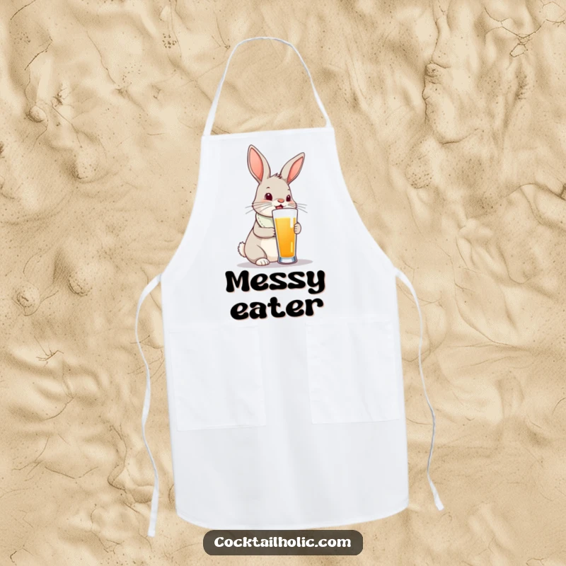 Funny bunny rabbit in a bib trying to drink a very tall drink, on a kitchen apron.