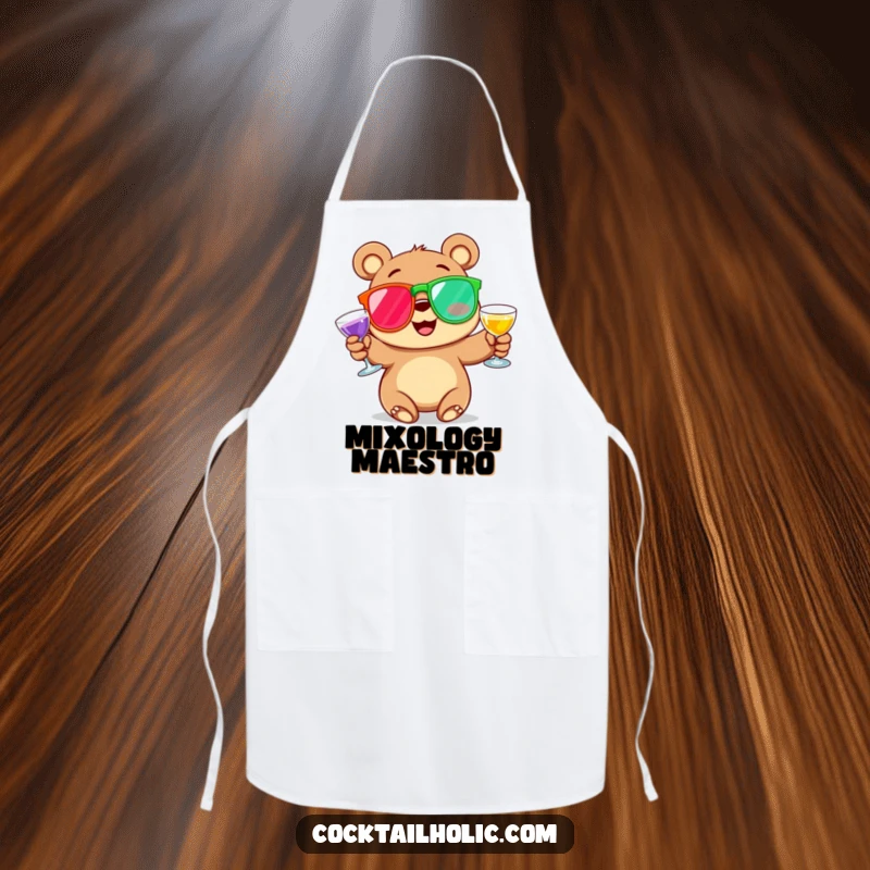 Funny Apron featuring a happy cartoon bear with rosy cheeks, juggling cocktail glasses while cooking, making kitchen tasks hilariously enjoyable.
