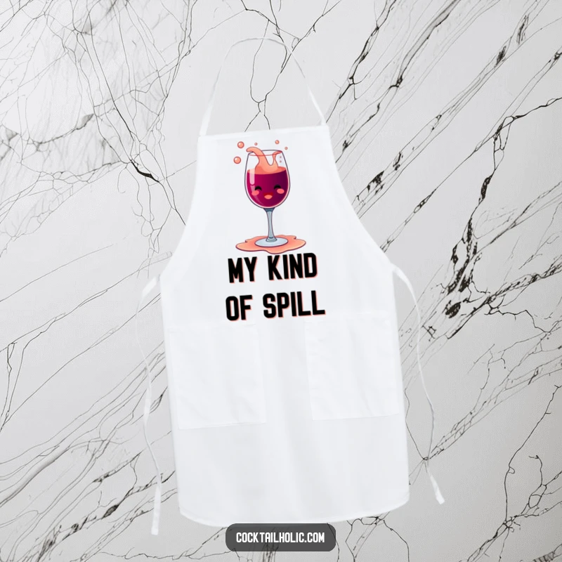 Funny happy wine glass character with bubbly overflow, spilling its contents with glee on a functional and funny apron.