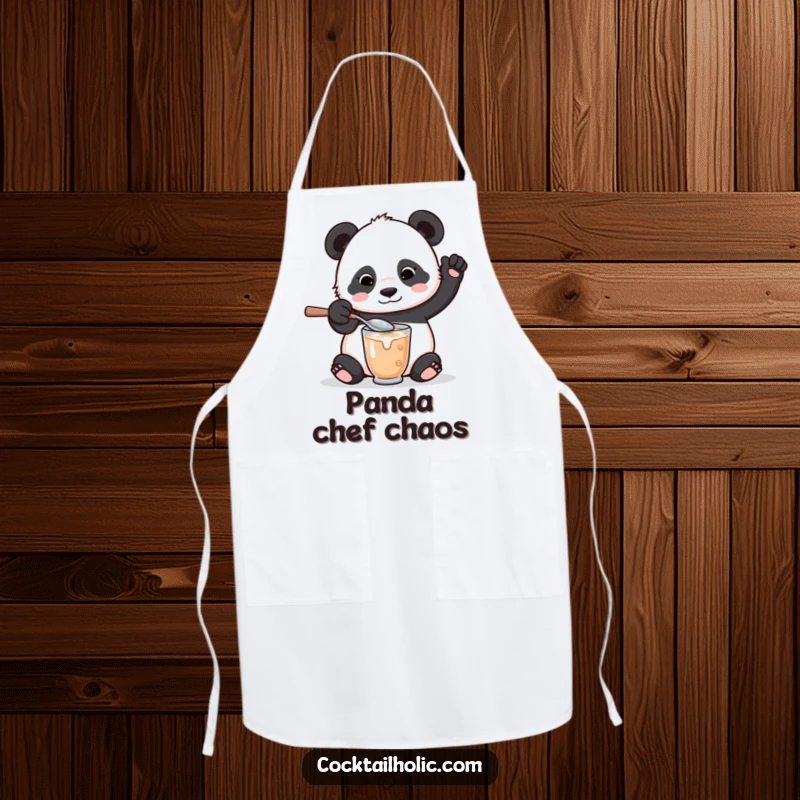 Funny apron showing a playful panda bear with a comically oversized spoon, mixing a drink and spilling a little.