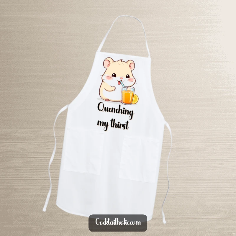 Funny cartoon hamster character using a small straw to enjoy a bright beverage, printed on a functional kitchen apron.