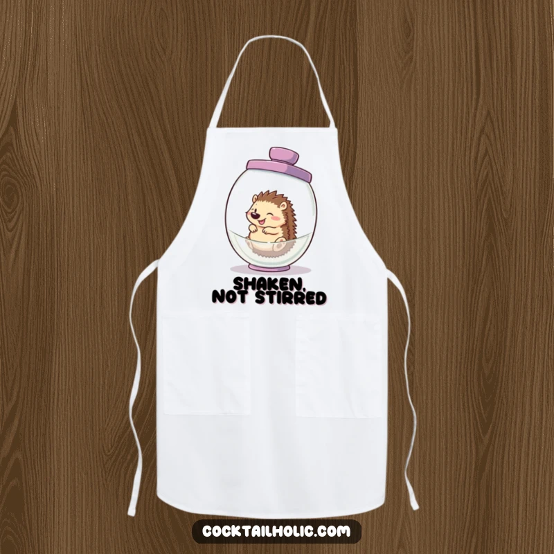 Funny hedgehog apron, humorously positioned inside a giant cocktail shaker, ready for kitchen chaos and culinary laughs.