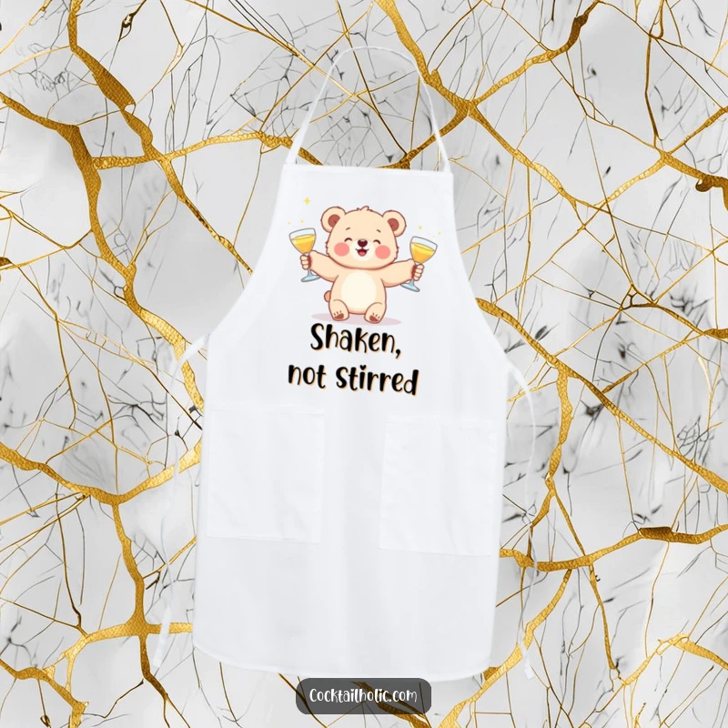 Funny apron with a cute bear cub dynamically juggling three sparkling cocktail glasses, ideal for kitchen fun.
