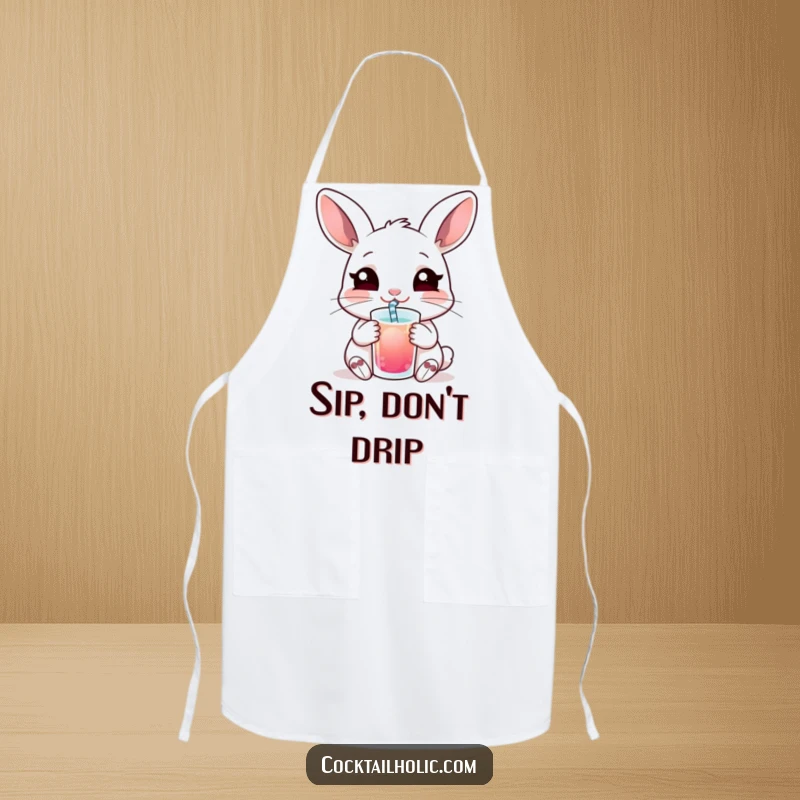 Funny apron showcasing a content rabbit drinking with a straw, perfect for a humorous and clean kitchen experience.
