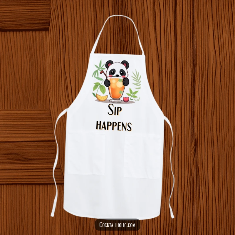 Funny Panda Apron: Playful panda peeking over a colorful cocktail, a hilarious and practical apron for kitchen fun.