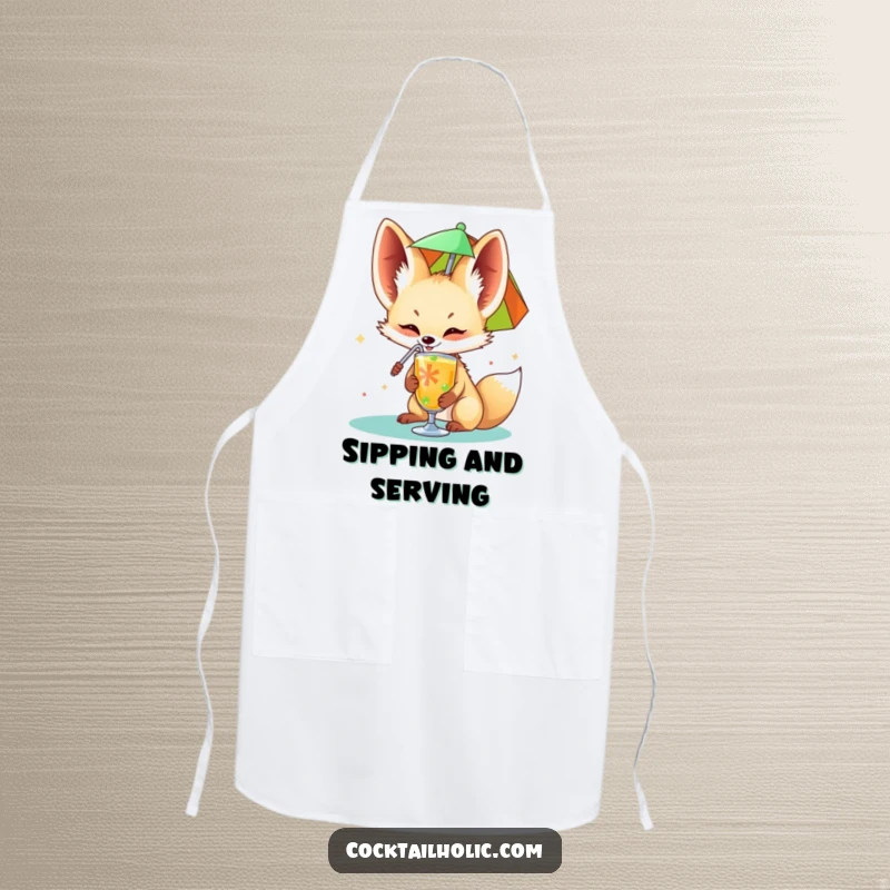 Funny fennec fox apron happily sipping from a colorful drink umbrella, a humorous and practical kitchen accessory.