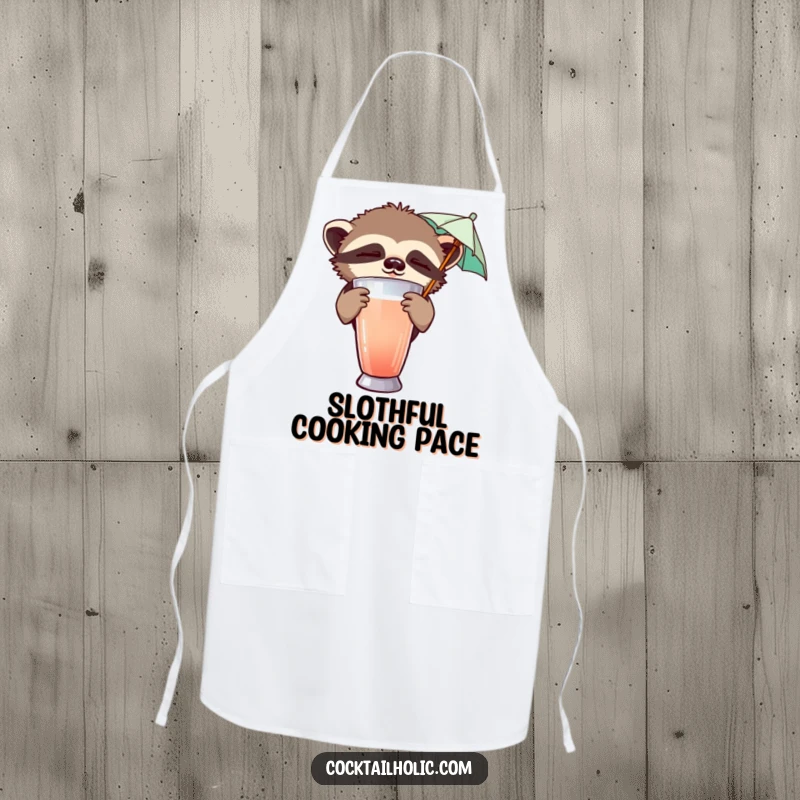 Funny apron showing a sleepy sloth peeking from behind a cocktail shaker, holding a tiny umbrella, for relaxed kitchen fun.