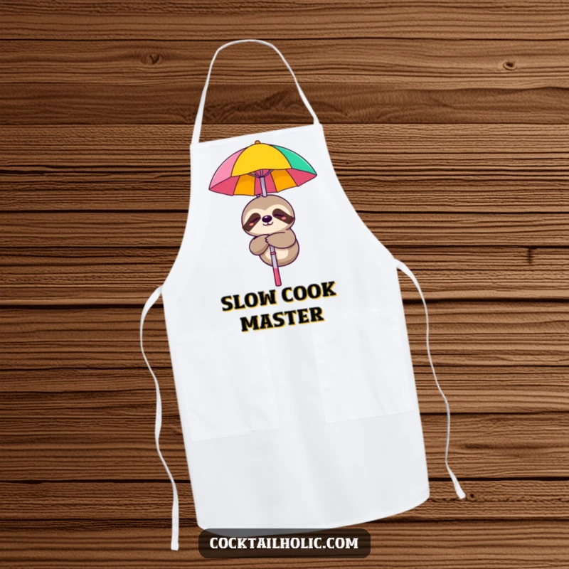 Funny apron featuring a sleepy sloth character smiling while dangling from a cocktail umbrella, a humorous kitchen accessory.