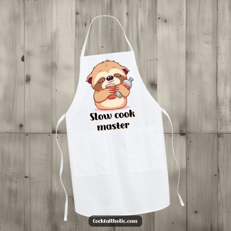 Funny Apron featuring a cute, drowsy sloth character propped up with a small stuffed cocktail shaker, perfect for slow and steady cooking.