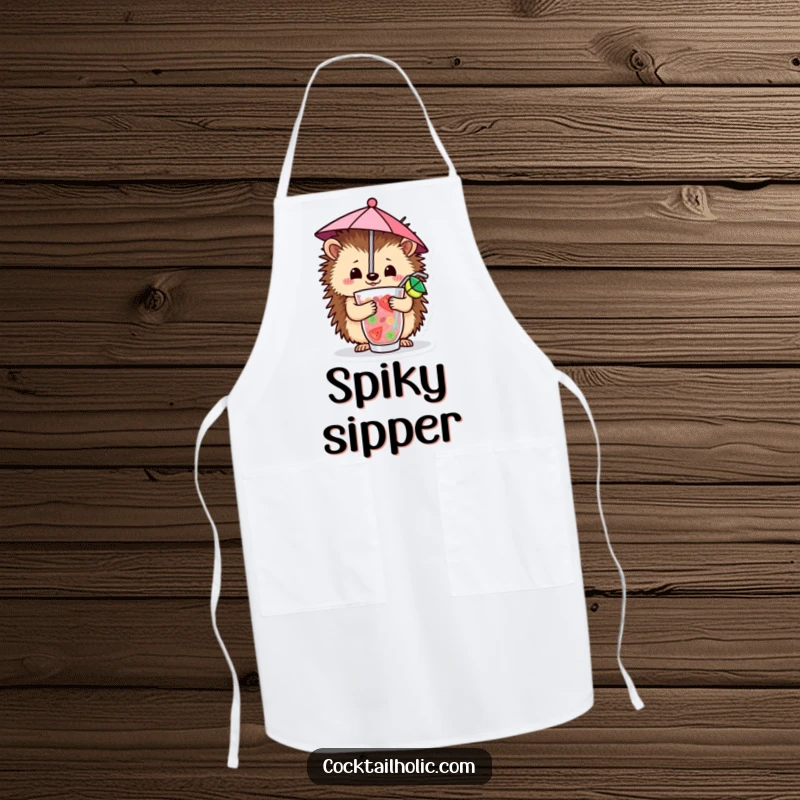 Funny Apron featuring a cheerful hedgehog balancing a tiny umbrella inside a delicious fruity drink, perfect for kitchen fun.