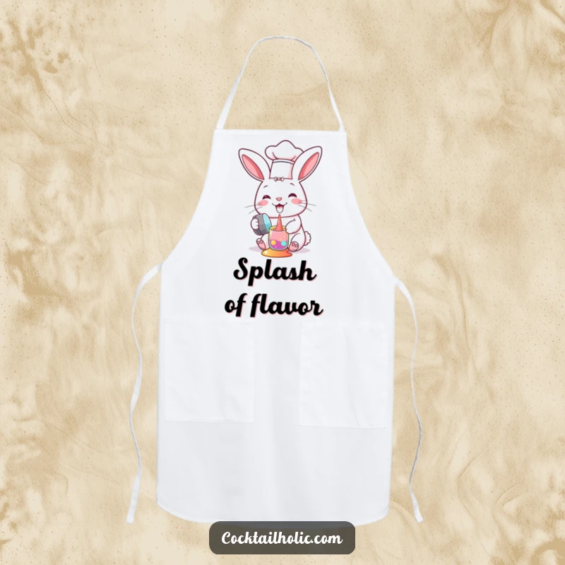 Funny apron showcasing a happy bunny chef in a tiny hat, mid-spill with colorful liquids from a shaker.
