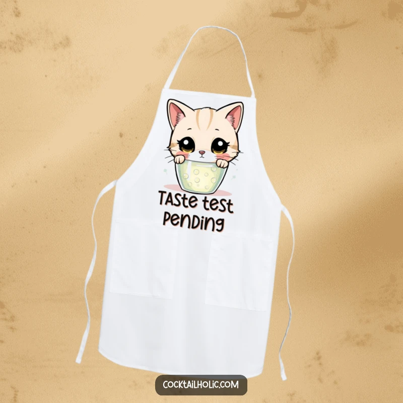 Funny cat apron, featuring a wide-eyed feline peering inquisitively into a bubbling concoction, ready for kitchen adventures.