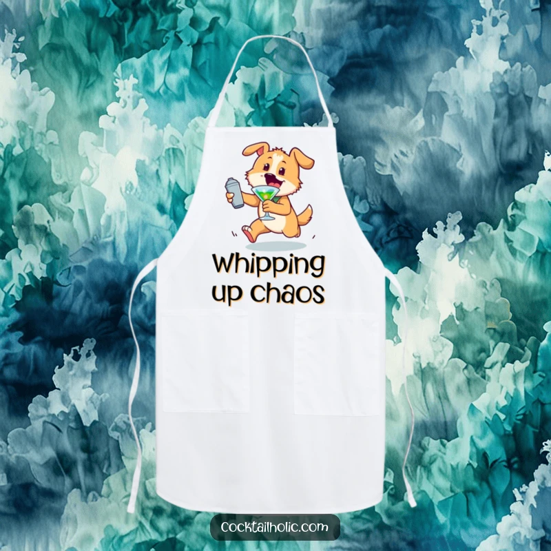Funny dog apron showcasing an energetic character playfully chasing a cocktail shaker, adding humor to kitchen tasks.